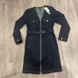 INC International Concepts Navy Long Sleeve Belted Zip Front Dress